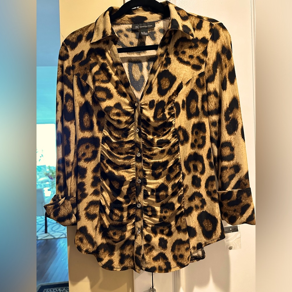 INC International Concepts leopard 3/4 sleeve Crystal buttons blouse